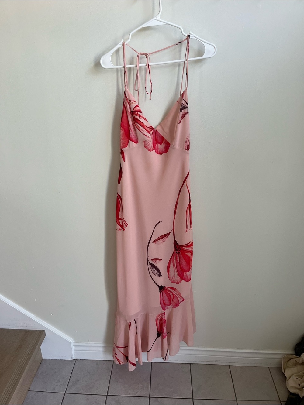 Pink Floral Slip Dress with Red Blossom Print